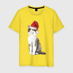 Футболка хлопковая мужская Пятнистый кот в новогодней шапочке, цвет: желтый