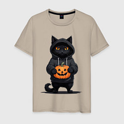 Мужская футболка Кот в черном худи держит в руках тыкву
