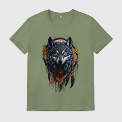 Футболка хлопковая мужская Волк и ловец снов, цвет: авокадо