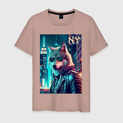 Мужская футболка Крутой волчара в ночном Нью-Йорке