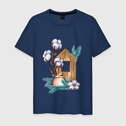 Мужская футболка Деревянный домик со свечой, хлопком и еловыми ветк