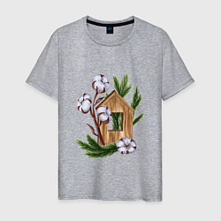 Мужская футболка Деревянный домик с хлопком и еловыми ветками