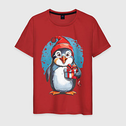 Футболка хлопковая мужская Пингвин с новогодним подарком, цвет: красный
