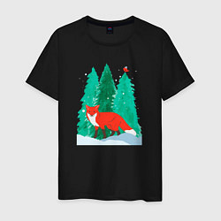 Мужская футболка Лиса в лесу и птичка
