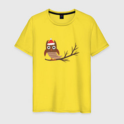 Футболка хлопковая мужская Новогодняя сова на ветке, цвет: желтый