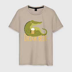 Футболка хлопковая мужская Крокодил пьёт пиво, цвет: миндальный