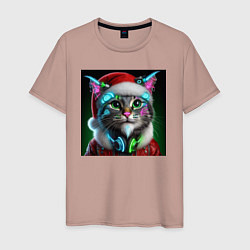 Мужская футболка Новогодний кибер котик - нейросеть