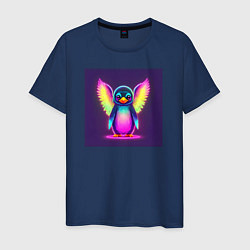 Футболка хлопковая мужская Неоновый пингвин с крыльями, цвет: тёмно-синий
