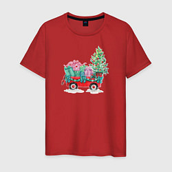 Футболка хлопковая мужская Красный рождественский грузовик, цвет: красный