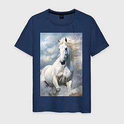 Футболка хлопковая мужская Белая лошадь на фоне неба, цвет: тёмно-синий