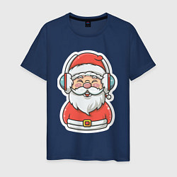 Футболка хлопковая мужская Дед Мороз в наушниках, цвет: тёмно-синий
