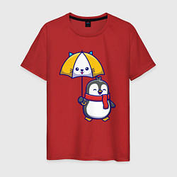 Футболка хлопковая мужская Пингвинчик под зонтом, цвет: красный