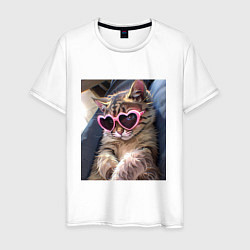 Футболка хлопковая мужская Милый мем-кот в очках в стиле аниме, цвет: белый