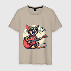 Футболка хлопковая мужская Забавный полосатый кот играет на гитаре, цвет: миндальный