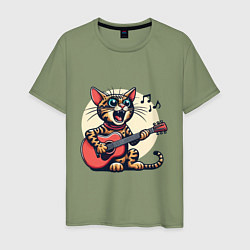Мужская футболка Забавный полосатый кот играет на гитаре