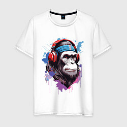 Футболка хлопковая мужская Шимпанзе в наушниках, цвет: белый