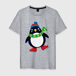 Футболка хлопковая мужская Пингвин на коньках, цвет: меланж