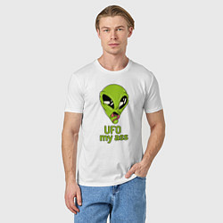 Футболка хлопковая мужская Зеленый пришелец НЛО с надписью UFO my ass, цвет: белый — фото 2