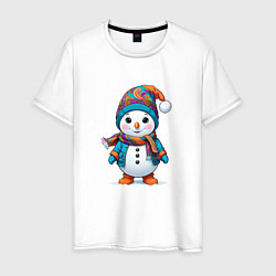 Футболка хлопковая мужская Снеговик в шапочке и с шарфом, цвет: белый