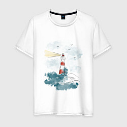 Мужская футболка Маяк и волны - акварель