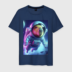 Футболка хлопковая мужская Полёт капибары в космосе - неон, цвет: тёмно-синий