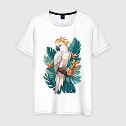 Футболка хлопковая мужская Попугай какаду и тропические листья, цвет: белый