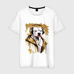 Футболка хлопковая мужская Белая собака репер в наушниках с золотой цепью, цвет: белый