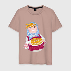 Мужская футболка Матрешка хозяйка в русском стиле с пирогом