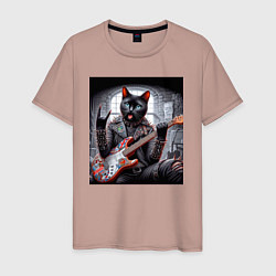 Футболка хлопковая мужская Чёрный котяра рок гитарист, цвет: пыльно-розовый
