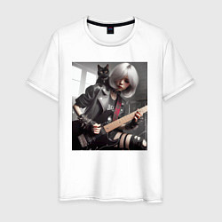 Мужская футболка Девчонка рок гитарист с чёрным котом