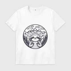 Футболка хлопковая мужская Ленивец турист с рюкзаком, цвет: белый