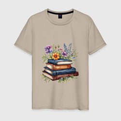 Мужская футболка Стопка книг с полевыми цветами