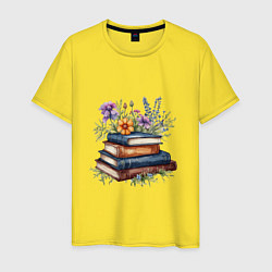 Футболка хлопковая мужская Стопка книг с полевыми цветами, цвет: желтый
