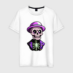 Футболка хлопковая мужская Скелет в фиолетовой шляпе, цвет: белый