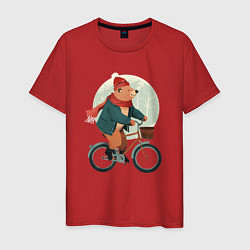 Футболка хлопковая мужская Медвежонок на велосипеде, цвет: красный