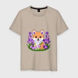 Мужская футболка Щенок Сибу-ину среди сиреневых цветов
