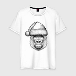 Футболка хлопковая мужская Новогодняя горилла в шапке, цвет: белый