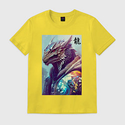 Футболка хлопковая мужская Cool dragon - hieroglyph ai art, цвет: желтый