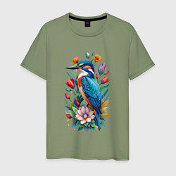 Мужская футболка Птица зимородок среди цветов