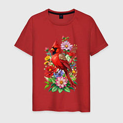 Футболка хлопковая мужская Птица красный кардинал среди цветов, цвет: красный