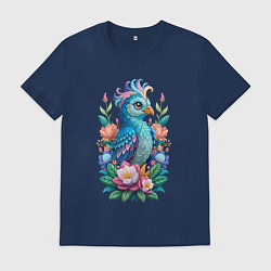 Футболка хлопковая мужская Голубая птица среди цветов, цвет: тёмно-синий