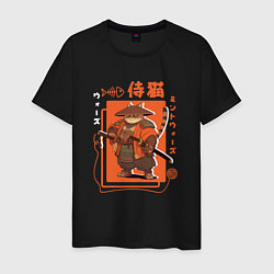 Футболка хлопковая мужская Кот странник - самурай, цвет: черный