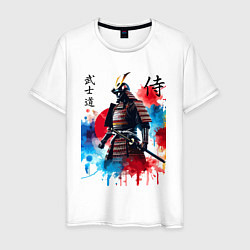 Футболка хлопковая мужская Японский самурай - акварель, цвет: белый