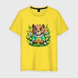 Футболка хлопковая мужская Медведь среди цветов, цвет: желтый
