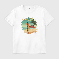 Футболка хлопковая мужская Девушка с яхтой на пляже, цвет: белый