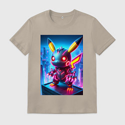Футболка хлопковая мужская Ужасный пикачу - нейроарт неоновое свечение, цвет: миндальный