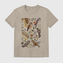 Футболка хлопковая мужская Разные совы и цветы, цвет: миндальный