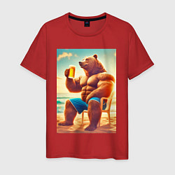 Мужская футболка Bear bodybuilder with a cup of beer on a beach - a