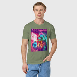 Футболка хлопковая мужская Cool dude Dino with a mug of beer - ai art, цвет: авокадо — фото 2