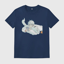 Футболка хлопковая мужская Магическая битва Сатору Годзё с котом, цвет: тёмно-синий